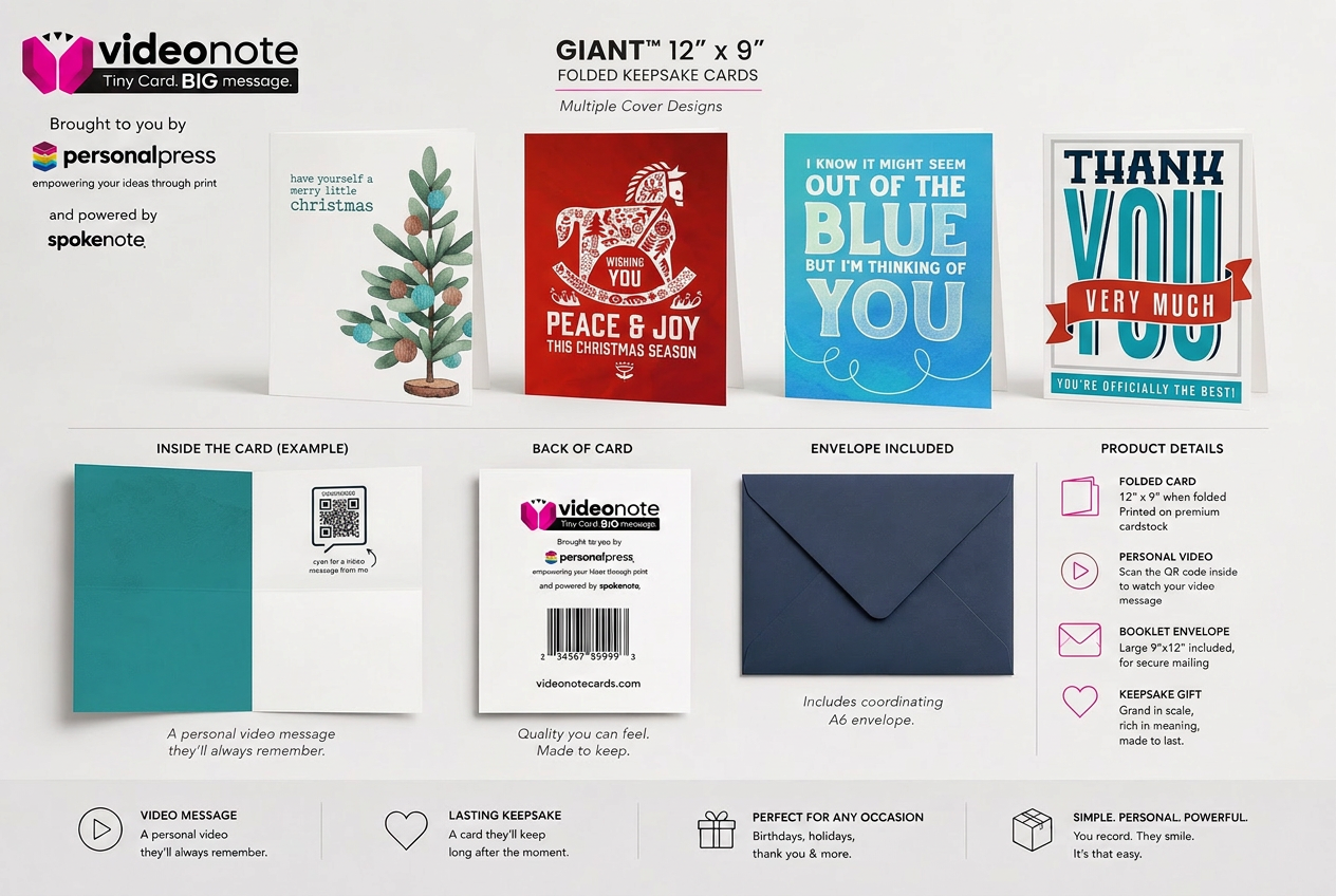 VideoNotes Giant 12x9 product sheet showing four oversized landscape keepsake card covers, an open Giant card with Spokenote QR panel, the universal back, and a 9x12 booklet envelope